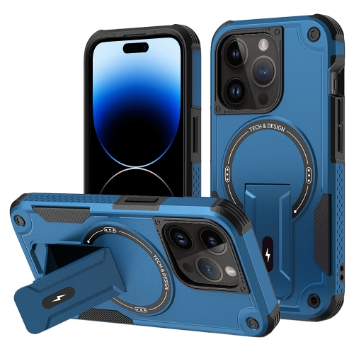 

For iPhone 14 Pro MagSafe Holder Armor PC Hybrid TPU Phone Case(Dark Blue)