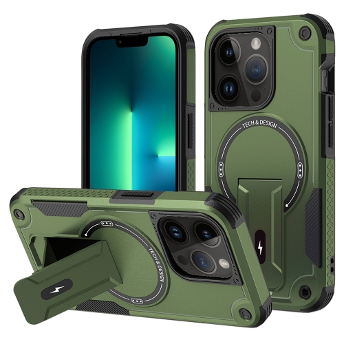 

For iPhone 13 Pro Max MagSafe Holder Armor PC Hybrid TPU Phone Case(Army Green)