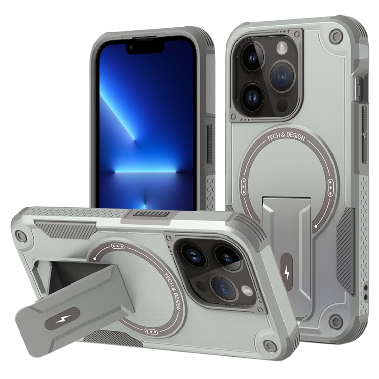

For iPhone 13 Pro Armor Magsafe Holder PC Hybrid TPU Phone Case(Grey)