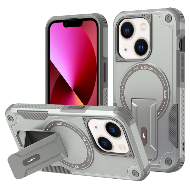 

For iPhone 13 Armor Magsafe Holder PC Hybrid TPU Phone Case(Grey)