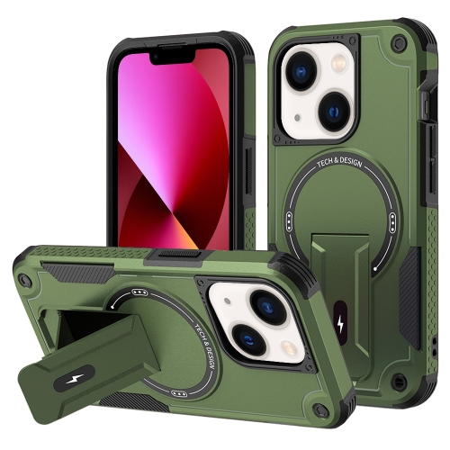 

For iPhone 13 MagSafe Holder Armor PC Hybrid TPU Phone Case(Army Green)