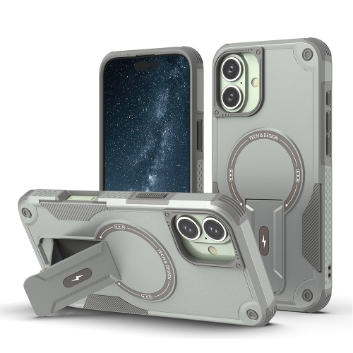 

For iPhone 16 Plus Armor Magsafe Holder PC Hybrid TPU Phone Case(Grey)