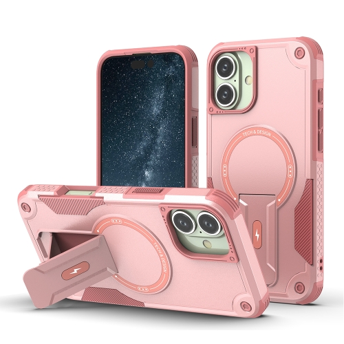 

For iPhone 16 Plus Armor Magsafe Holder PC Hybrid TPU Phone Case(Pink)
