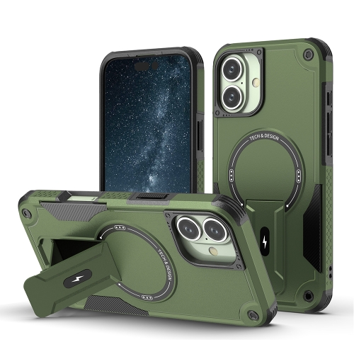 

For iPhone 16 Plus Armor Magsafe Holder PC Hybrid TPU Phone Case(Army Green)