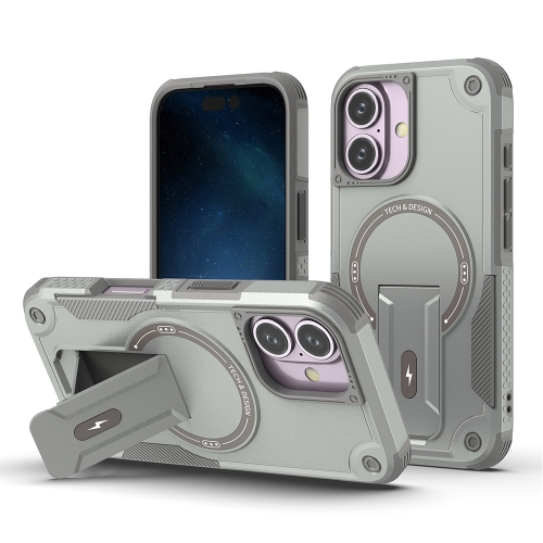 

For iPhone 16 Armor Magsafe Holder PC Hybrid TPU Phone Case(Grey)