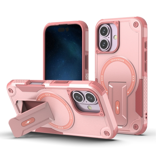 

For iPhone 16 Armor Magsafe Holder PC Hybrid TPU Phone Case(Pink)