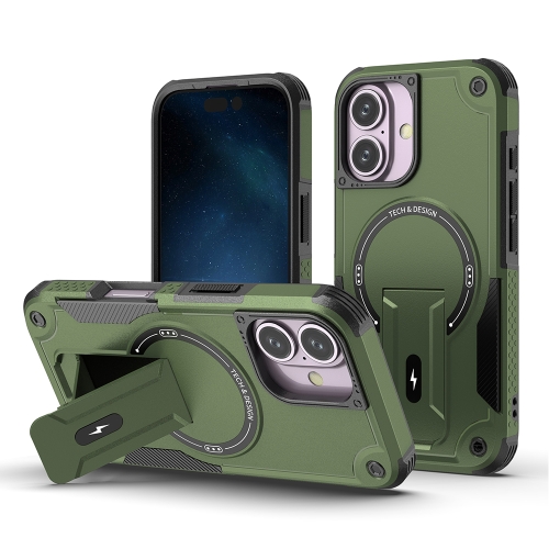 

For iPhone 16 Armor Magsafe Holder PC Hybrid TPU Phone Case(Army Green)