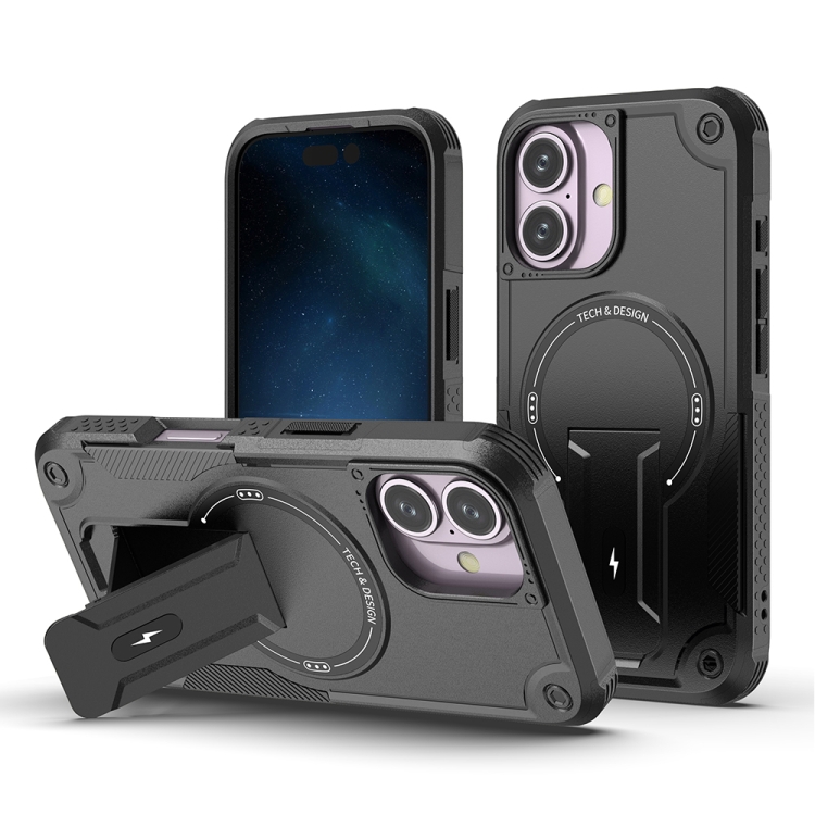 

For iPhone 16 Armor Magsafe Holder PC Hybrid TPU Phone Case(Black)
