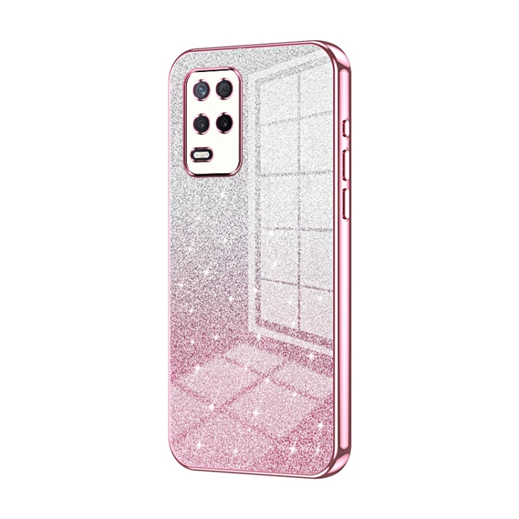 For Realme 5G Gradient Glitter Powder Electroplated Phone Case(Pink)