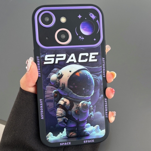 For iPhone 15 Astronaut Pattern Large Window TPU Phone Case(Purple)