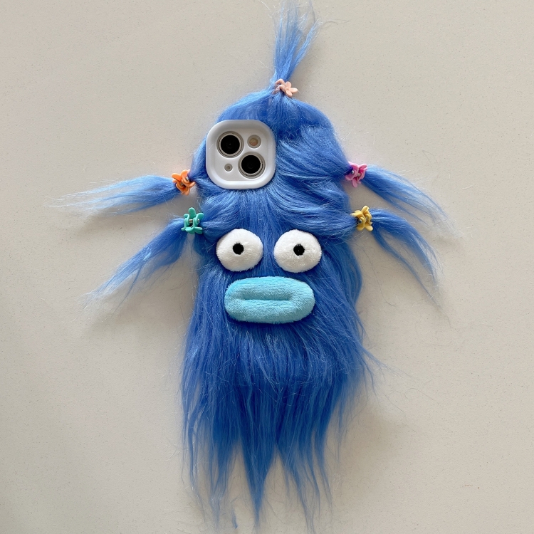 

For iPhone 15 Plus Tied Hairstyle Plush Monster TPU Phone Case(Blue)