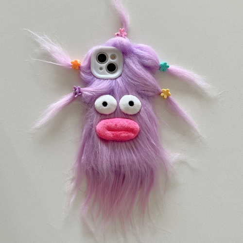 

For iPhone 14 Tied Hairstyle Plush Monster TPU Phone Case(Purple)