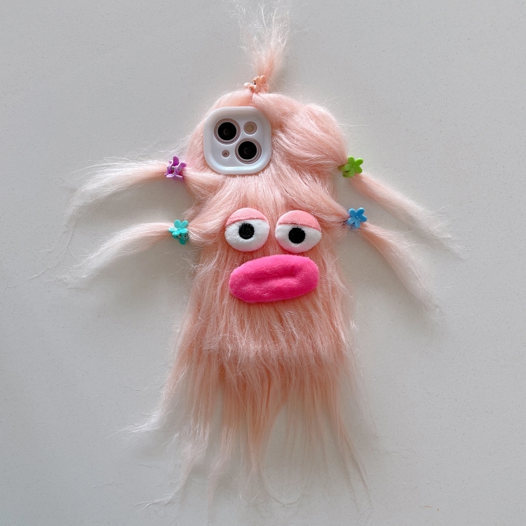 

For iPhone 13 Tied Hairstyle Plush Monster TPU Phone Case(Pink)