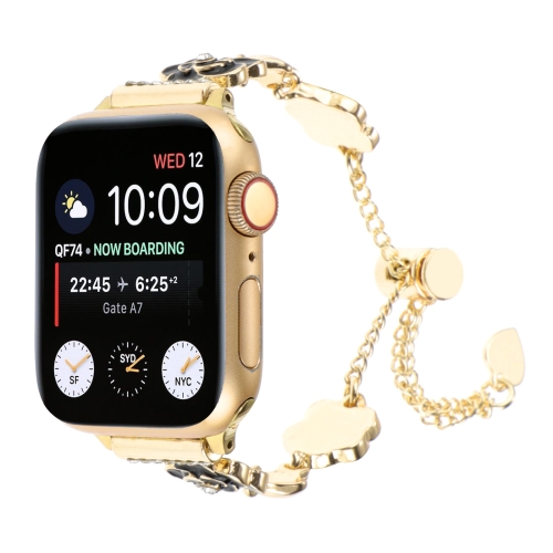 For Apple Watch SE 2023 44mm Camellia Metal Chain Bracelet Watch Band(Black Gold) report clip durable use on multiple occasions waterproof not easy to hurt hands rounded corners storage plastic convenient test