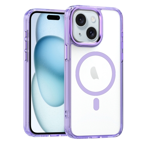For iPhone 15 Plus MagSafe Magnetic Clear Phone Case(Purple) for iphone 14 pro max electroplating oil injection magsafe magnetic pc phone case purple