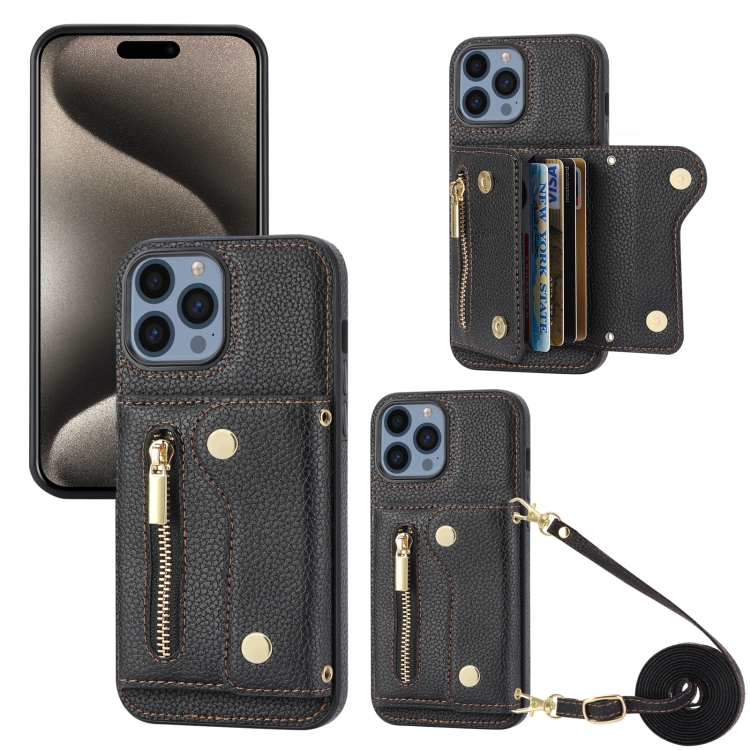 

For iPhone 15 Pro Max DF-09 Crossbody Litchi texture Card Bag Design PU Phone Case(Black)