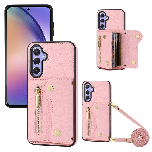

For Samsung Galaxy S21 FE DF-09 Crossbody Litchi texture Card Bag Design PU Phone Case(Pink)