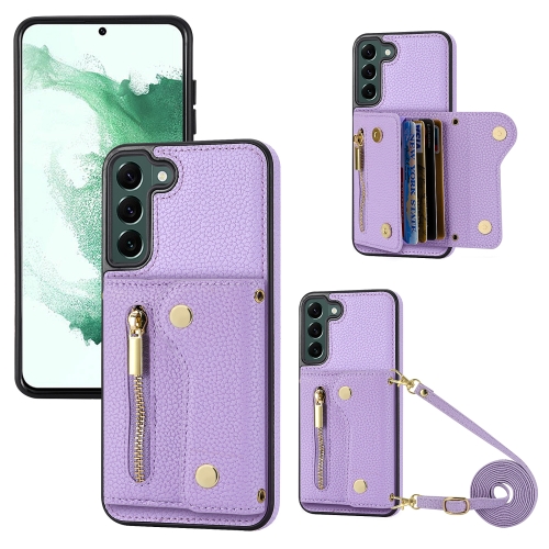 

For Samsung Galaxy S22+ DF-09 Crossbody Litchi texture Card Bag Design PU Phone Case(Purple)