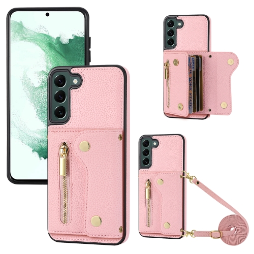 

For Samsung Galaxy S22+ DF-09 Crossbody Litchi texture Card Bag Design PU Phone Case(Pink)