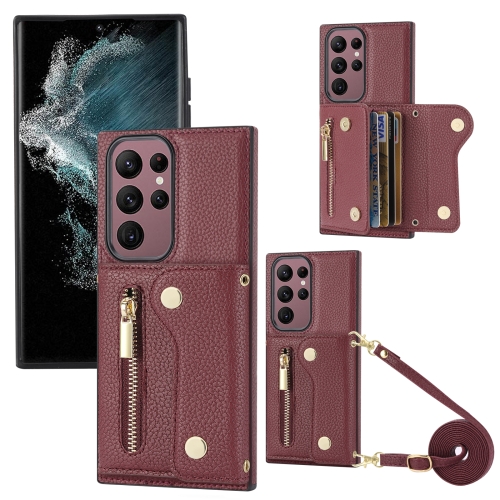 

For Samsung Galaxy S22 Ultra DF-09 Crossbody Litchi texture Card Bag Design PU Phone Case(Wine Red)
