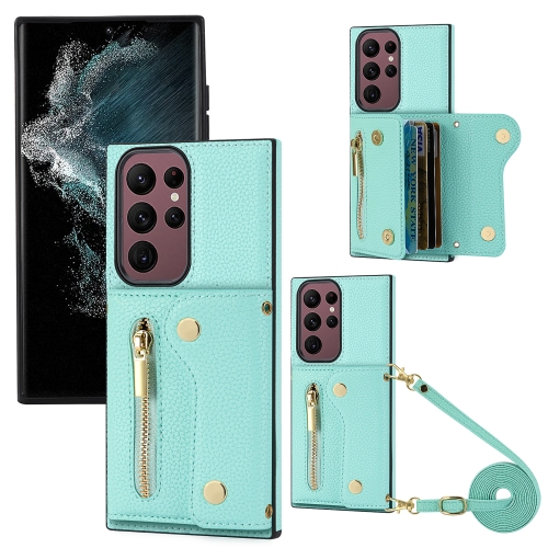 

For Samsung Galaxy S22 Ultra DF-09 Crossbody Litchi texture Card Bag Design PU Phone Case(Cyan)