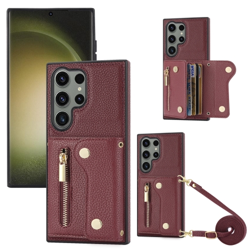 

For Samsung Galaxy S24 Ultra DF-09 Crossbody Litchi texture Card Bag Design PU Phone Case(Wine Red)