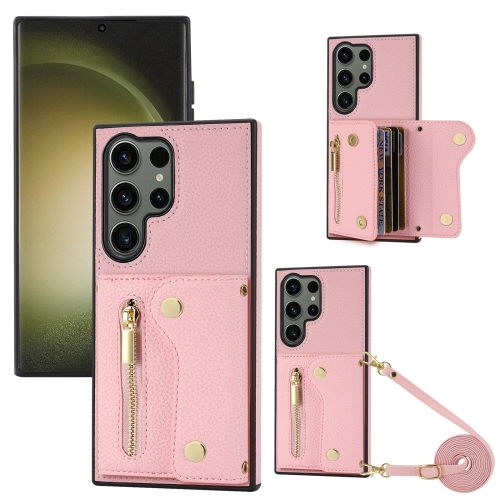 

For Samsung Galaxy S24 Ultra DF-09 Crossbody Litchi texture Card Bag Design PU Phone Case(Pink)