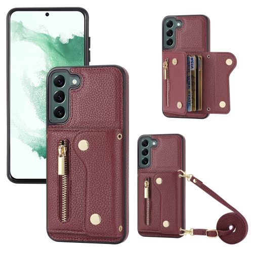 

For Samsung Galaxy S22 DF-09 Crossbody Litchi texture Card Bag Design PU Phone Case(Wine Red)