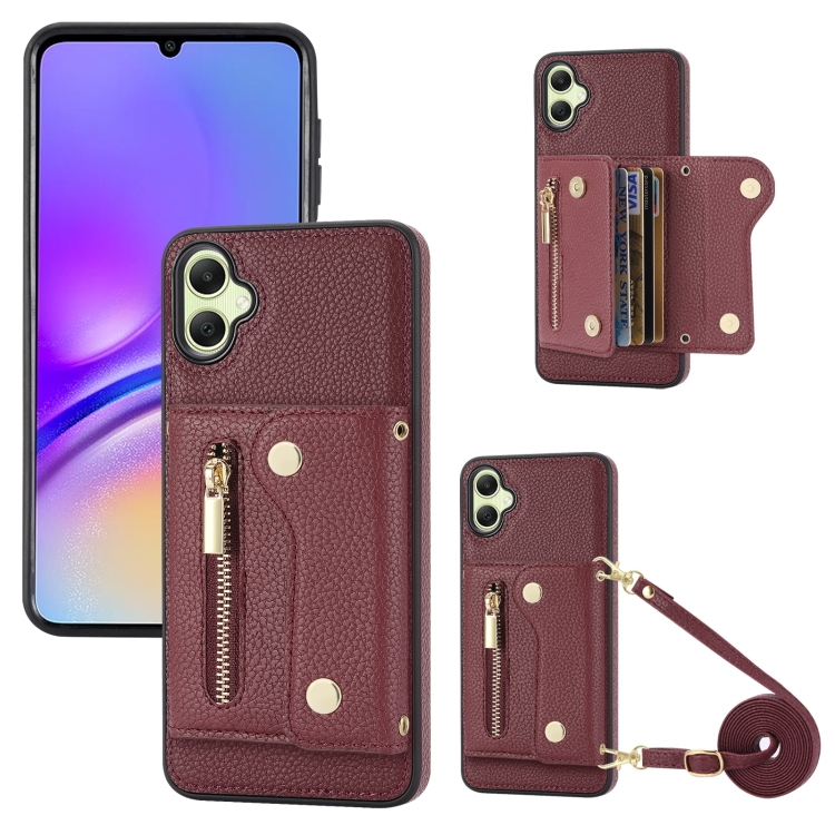 

For Samsung Galaxy A05 DF-09 Crossbody Litchi texture Card Bag Design PU Phone Case(Wine Red)