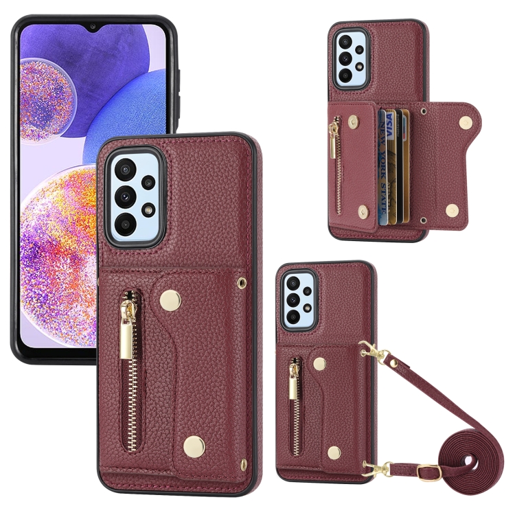

For Samsung Galaxy A05S DF-09 Crossbody Litchi texture Card Bag Design PU Phone Case(Wine Red)