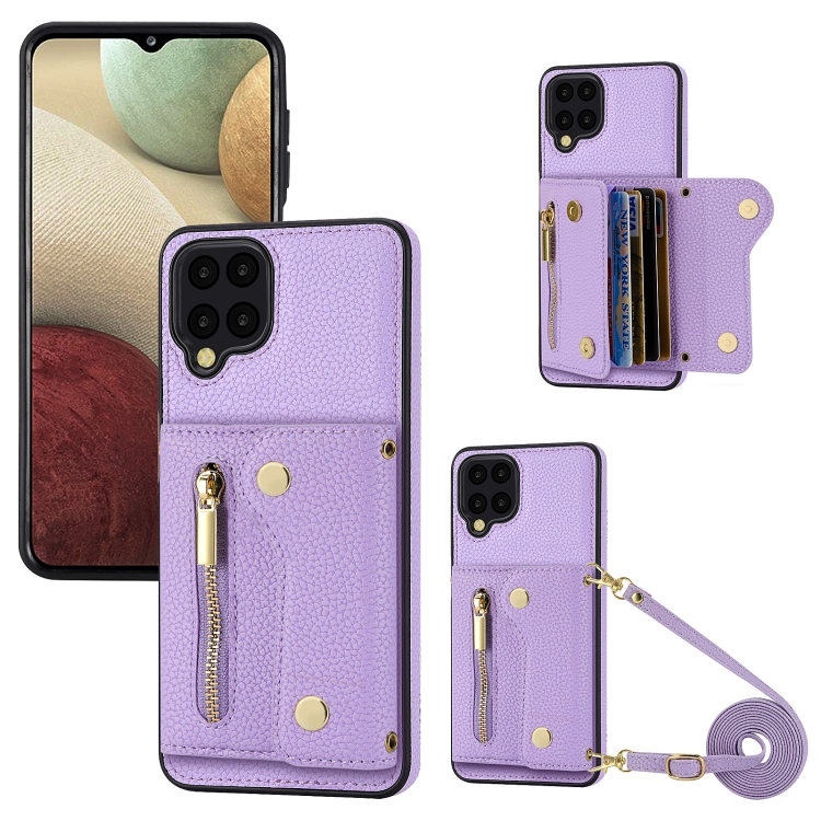 

For Samsung Galaxy A12 DF-09 Crossbody Litchi texture Card Bag Design PU Phone Case(Purple)