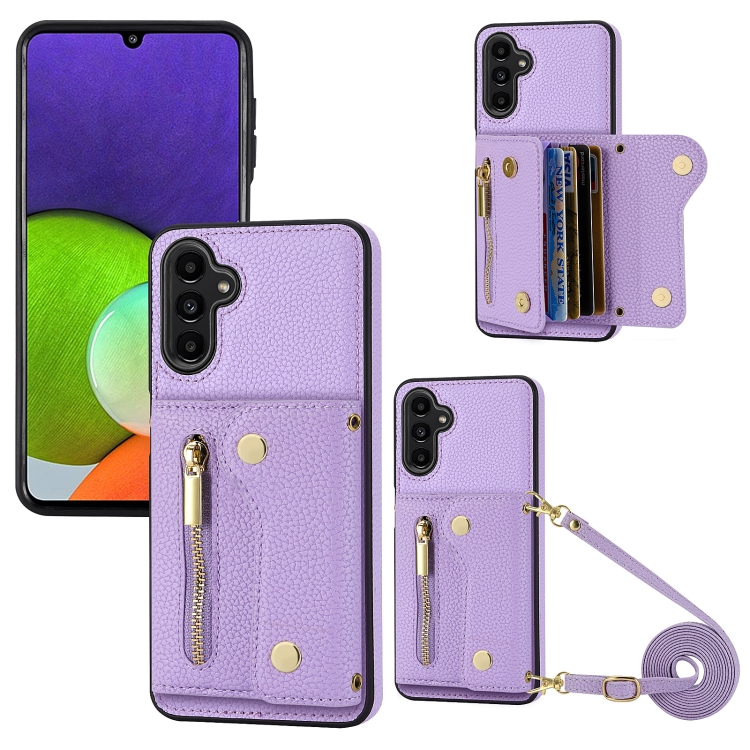 

For Samsung Galaxy A13 5G DF-09 Crossbody Litchi texture Card Bag Design PU Phone Case(Purple)
