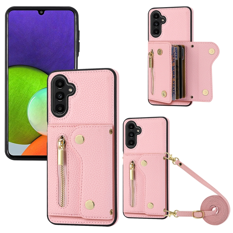 

For Samsung Galaxy A13 5G DF-09 Crossbody Litchi texture Card Bag Design PU Phone Case(Pink)
