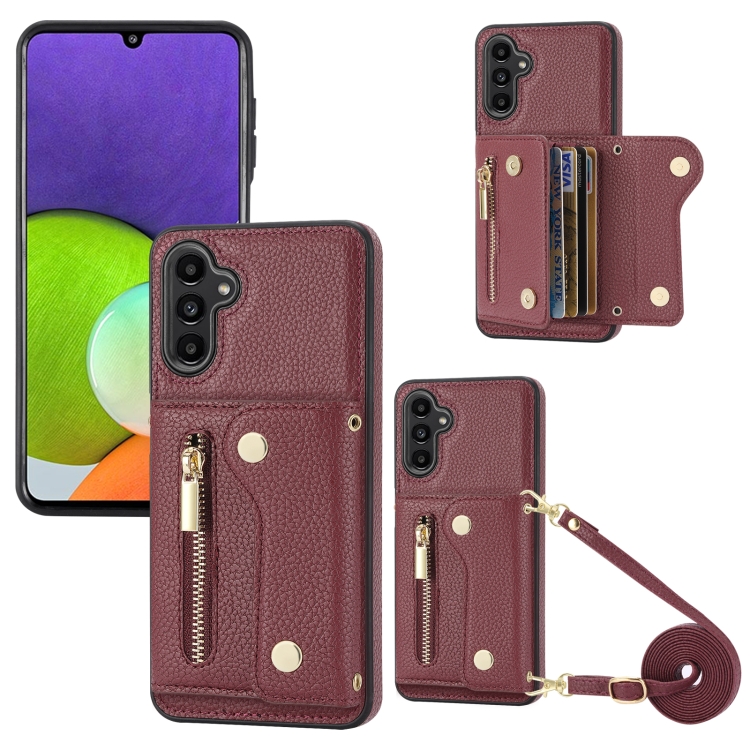 

For Samsung Galaxy A14 DF-09 Crossbody Litchi texture Card Bag Design PU Phone Case(Wine Red)