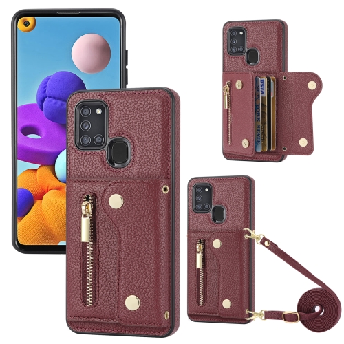 

For Samsung Galaxy A21S DF-09 Crossbody Litchi texture Card Bag Design PU Phone Case(Wine Red)
