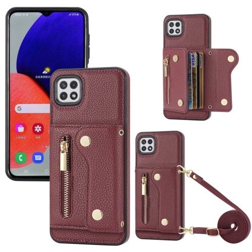 

For Samsung Galaxy A22 5G DF-09 Crossbody Litchi texture Card Bag Design PU Phone Case(Wine Red)