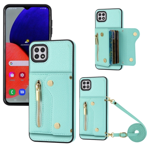 

For Samsung Galaxy A22 5G DF-09 Crossbody Litchi texture Card Bag Design PU Phone Case(Cyan)