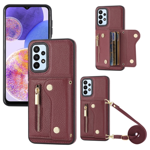 

For Samsung Galaxy A23 4G DF-09 Crossbody Litchi texture Card Bag Design PU Phone Case(Wine Red)