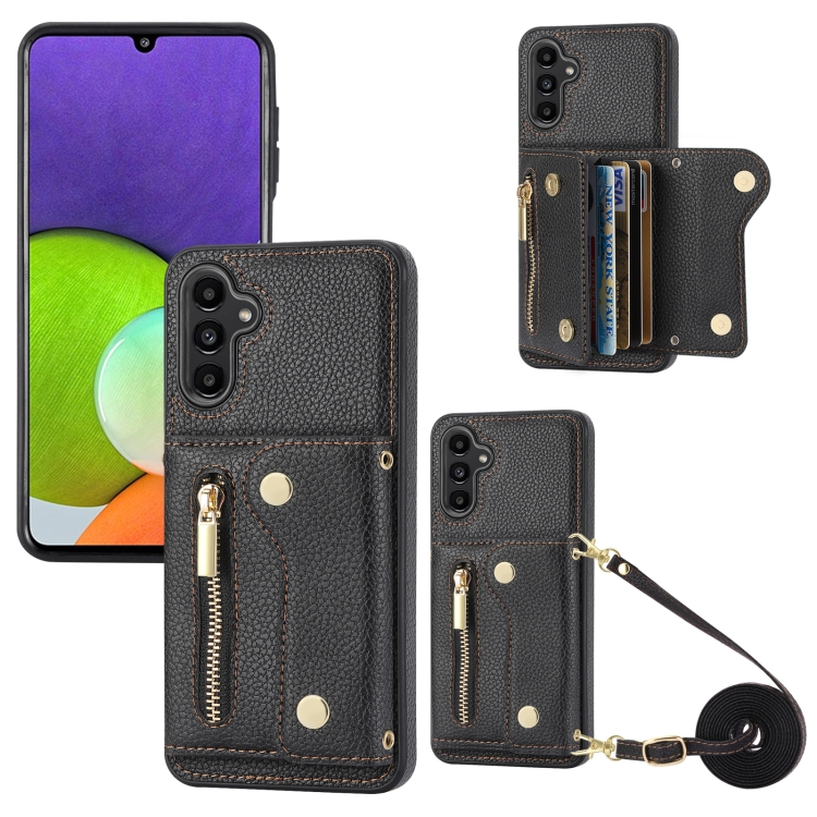 

For Samsung Galaxy A24 DF-09 Crossbody Litchi texture Card Bag Design PU Phone Case(Black)
