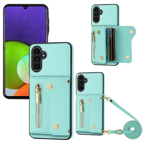 

For Samsung Galaxy A24 DF-09 Crossbody Litchi texture Card Bag Design PU Phone Case(Cyan)