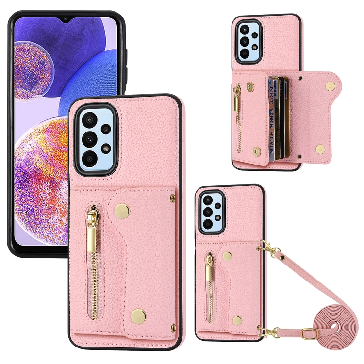 

For Samsung Galaxy A25 5G DF-09 Crossbody Litchi texture Card Bag Design PU Phone Case(Pink)
