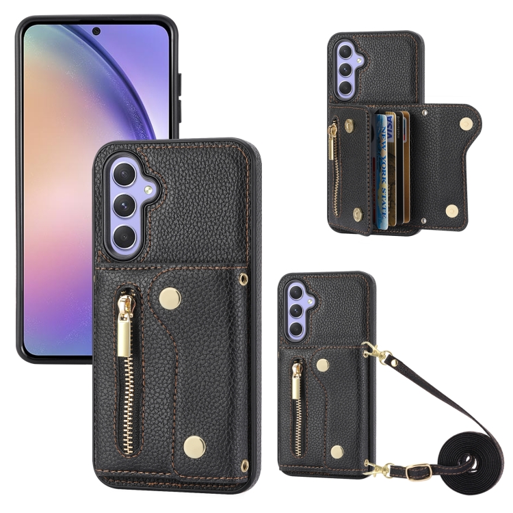 

For Samsung Galaxy A34 DF-09 Crossbody Litchi texture Card Bag Design PU Phone Case(Black)