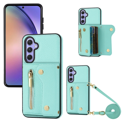 

For Samsung Galaxy A34 DF-09 Crossbody Litchi texture Card Bag Design PU Phone Case(Cyan)