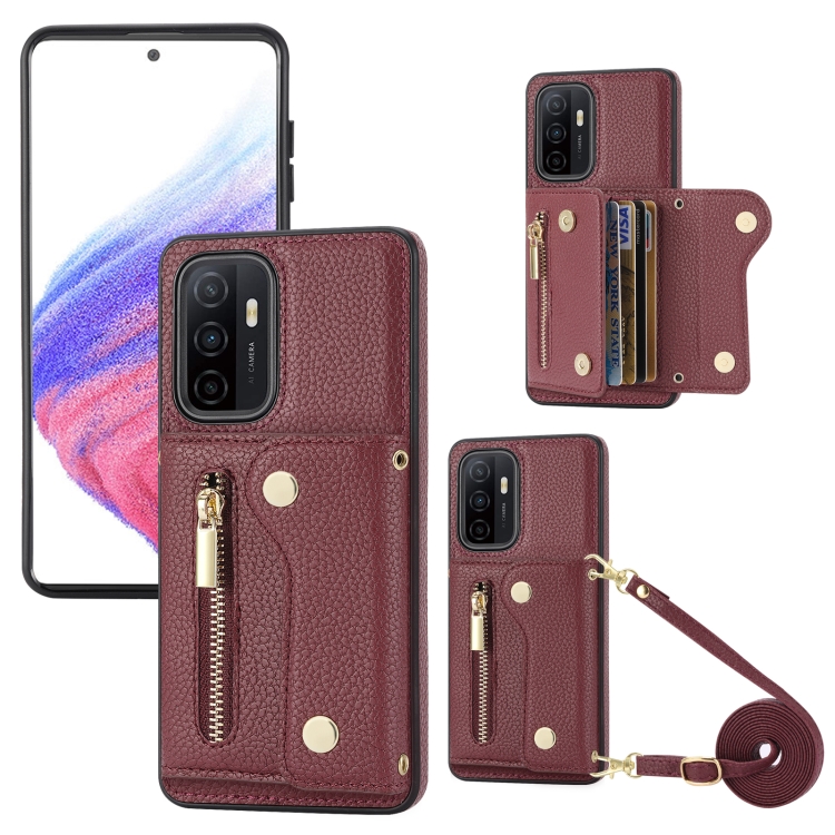 

For Samsung Galaxy A52 DF-09 Crossbody Litchi texture Card Bag Design PU Phone Case(Wine Red)
