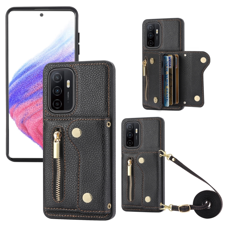 

For Samsung Galaxy A52 DF-09 Crossbody Litchi texture Card Bag Design PU Phone Case(Black)