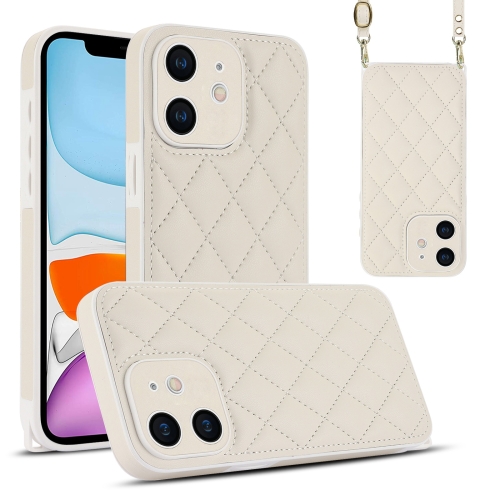 

For iPhone 11 Rhombic Texture Phone Case with Dual Lanyard(White)