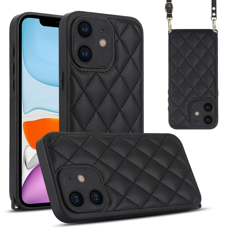 

For iPhone 11 Rhombic Texture Phone Case with Dual Lanyard(Black)
