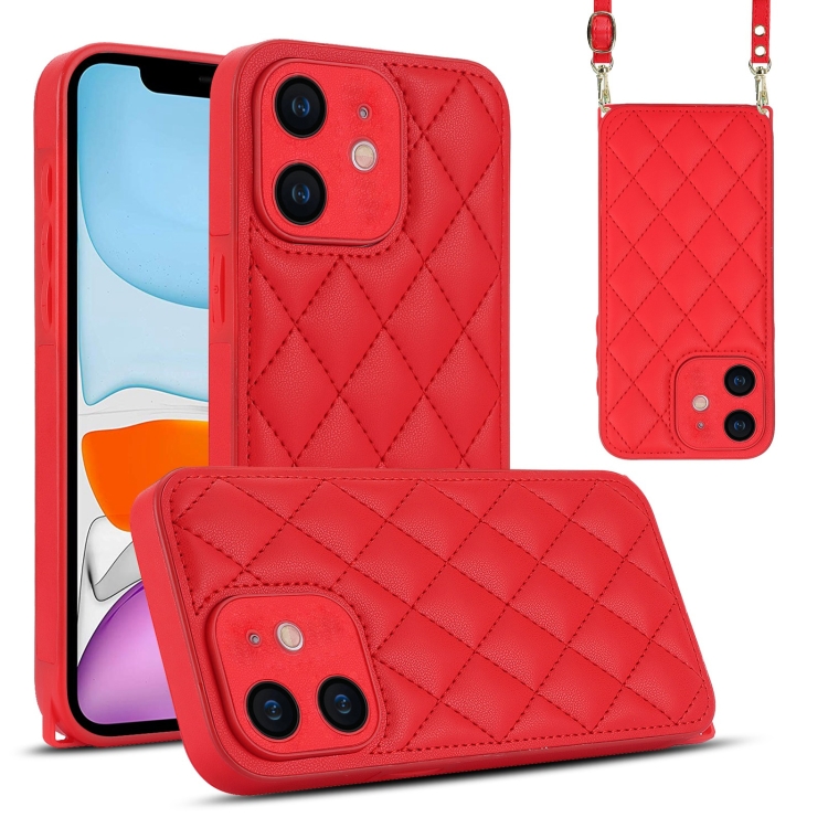 

For iPhone 11 Rhombic Texture Phone Case with Dual Lanyard(Red)