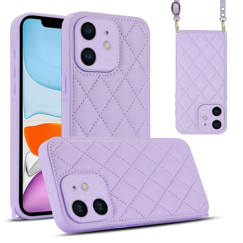

For iPhone 11 Rhombic Texture Phone Case with Dual Lanyard(Purple)