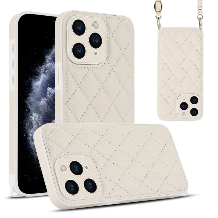 

For iPhone 11 Pro Rhombic Texture Phone Case with Dual Lanyard(White)